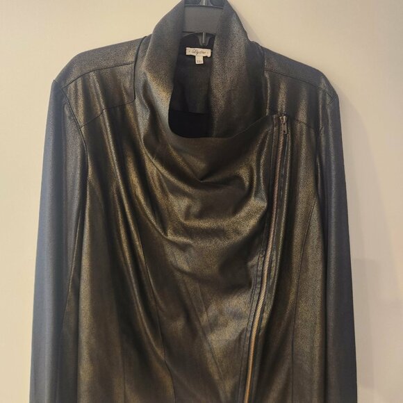 Lily Star Waterfall Draped Faux Suede Zip Jacket Black Gold Metallic Sz XXL Moto - Picture 6 of 11